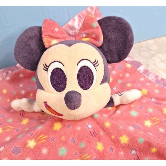 Disney Minnie Mouse Baby Blanket Lovey Rattle Pink Satin Shooting Stars Toy - Picture 4 of 8